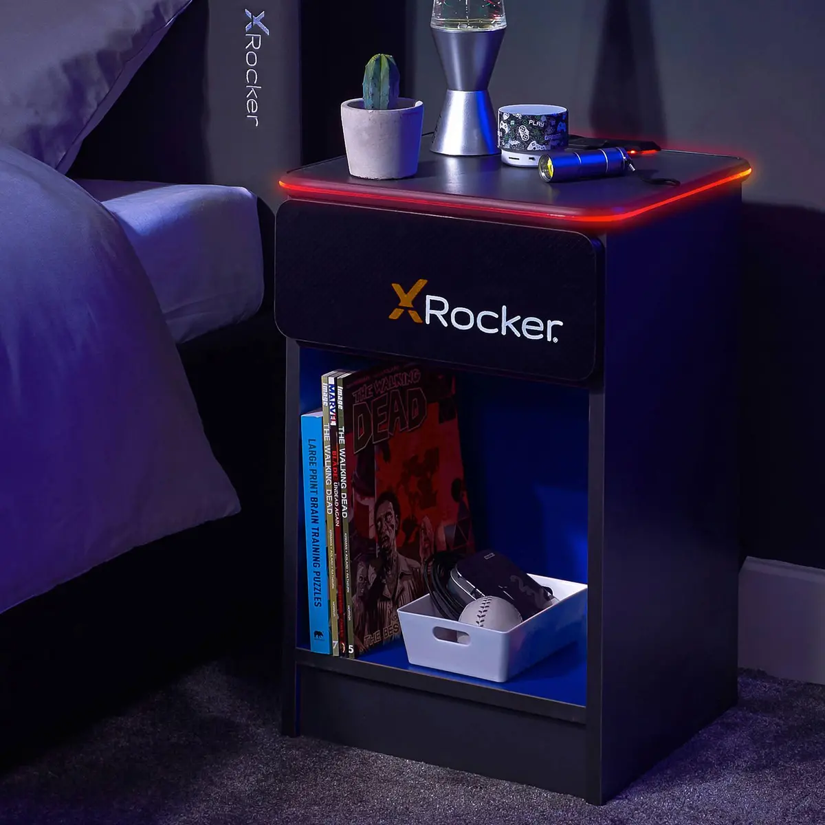 Carbon-Tek Led Bedside Side Table With Wireless Charging And Drawer - Grey / Blue Rgb 1
