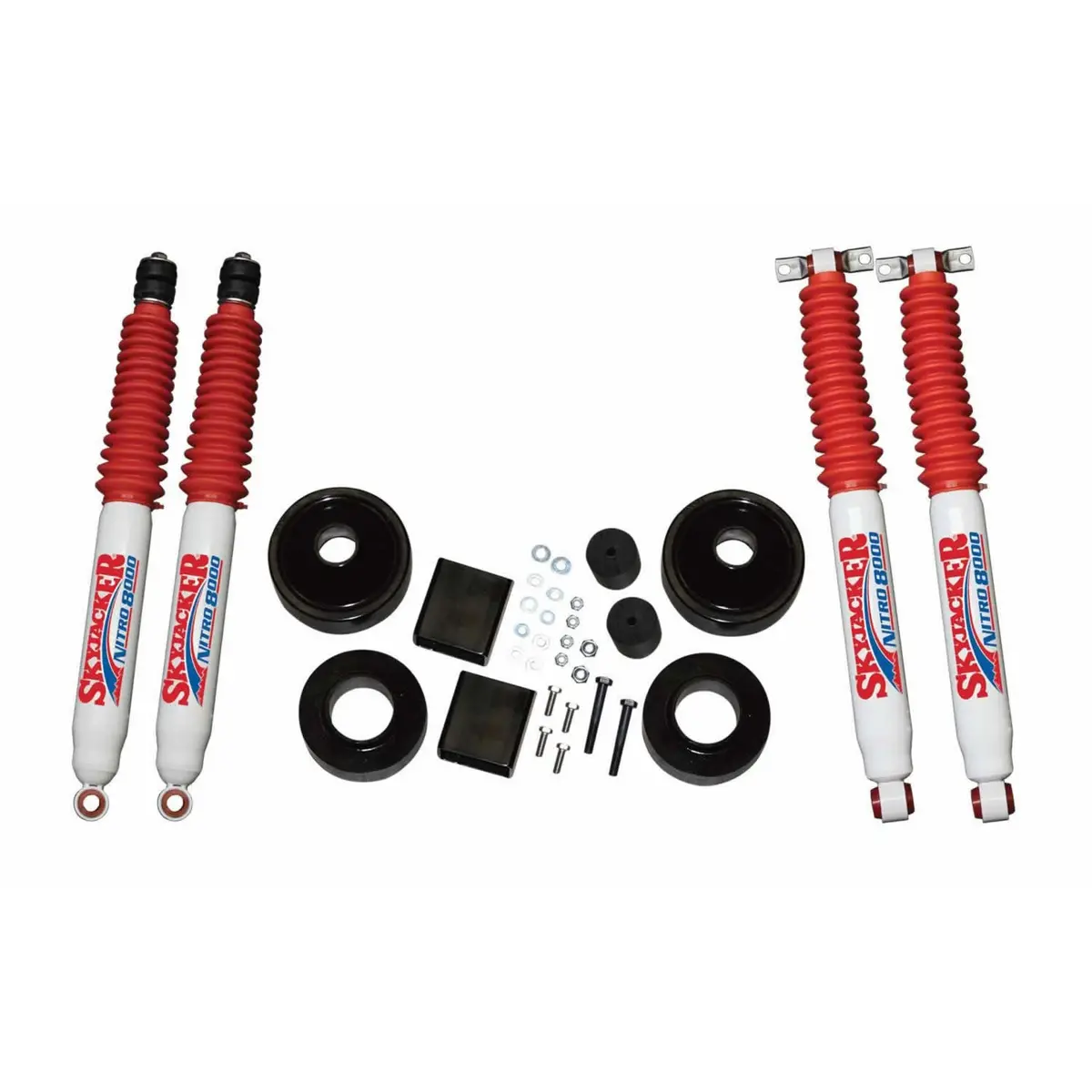 Suspension Lift Kit 07-18 Wrangler Jk W/Shock Nitro Shocks 2 Inch Lift Incl. Front/Rear 2 Inch Polyurethane Coil Spring Spacers W/Bump Stop Spacers Skyjacker 1