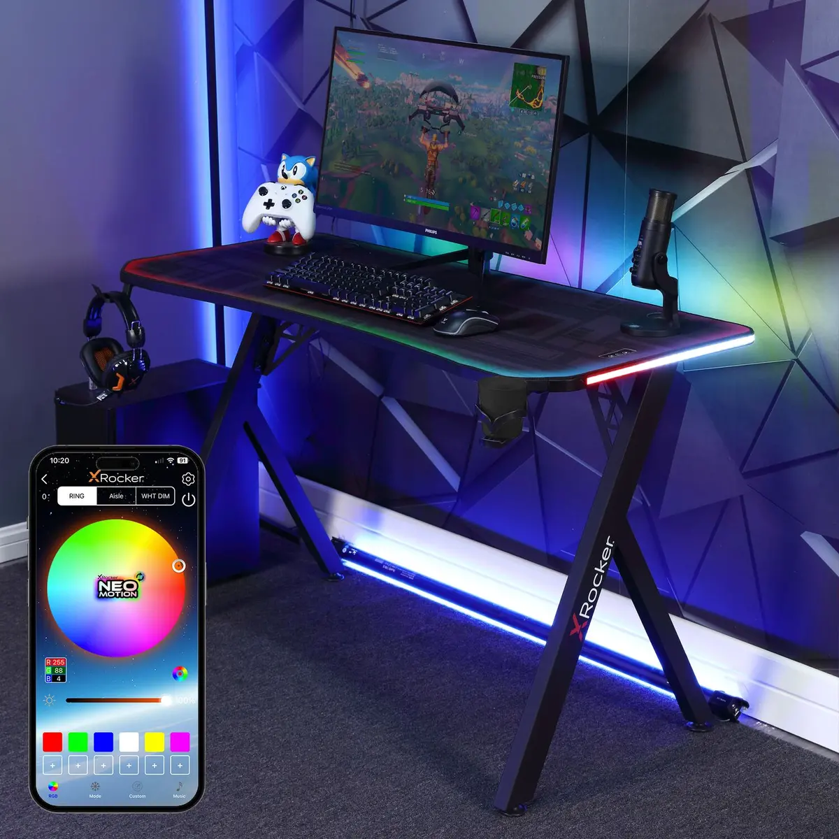 Lumio 110Cm Led Gaming Desk With Full Mousepad - Carbon Black Rgb 1
