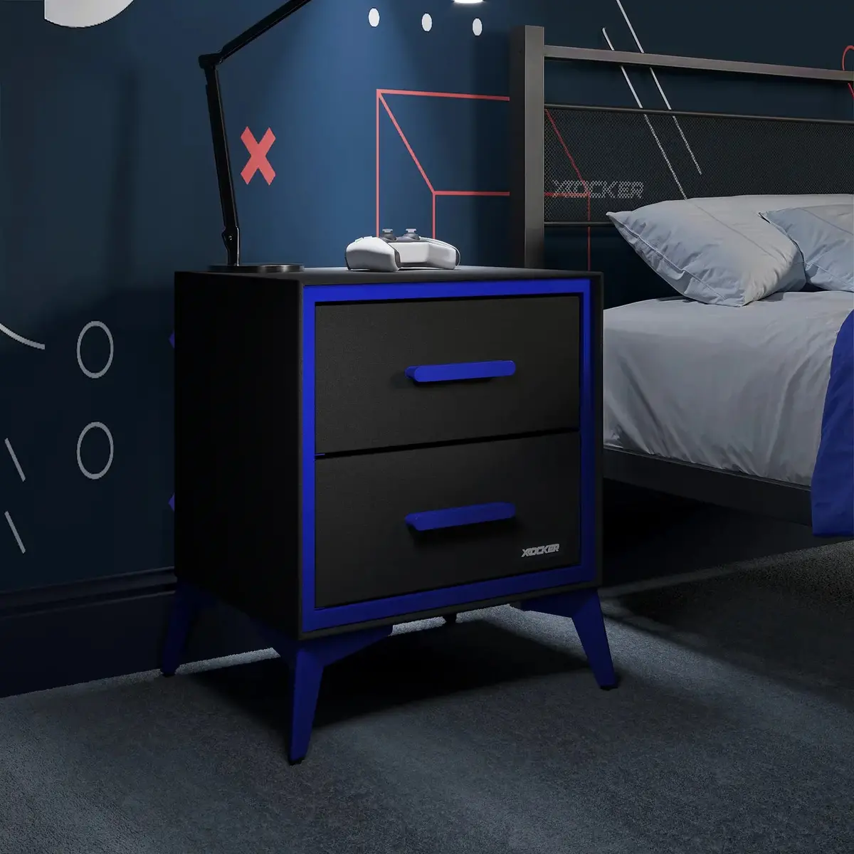 Arcane Canvas Bedside Side Table With 2 Drawers - Black / Blue 1