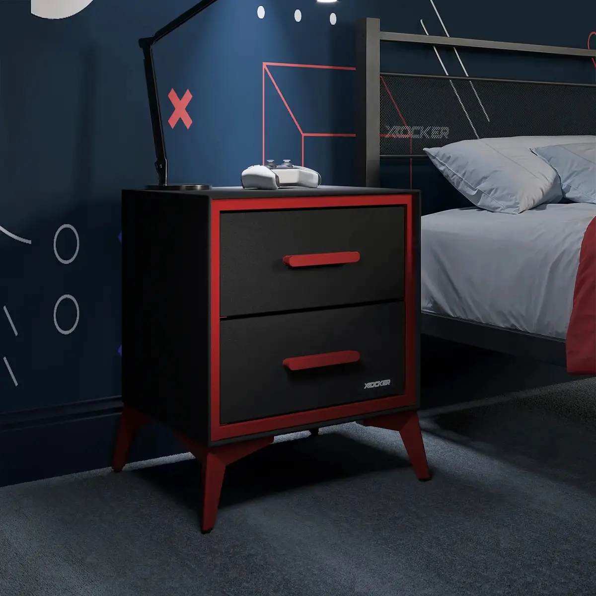 Arcane Canvas Bedside Side Table With 2 Drawers - Black / Red 1