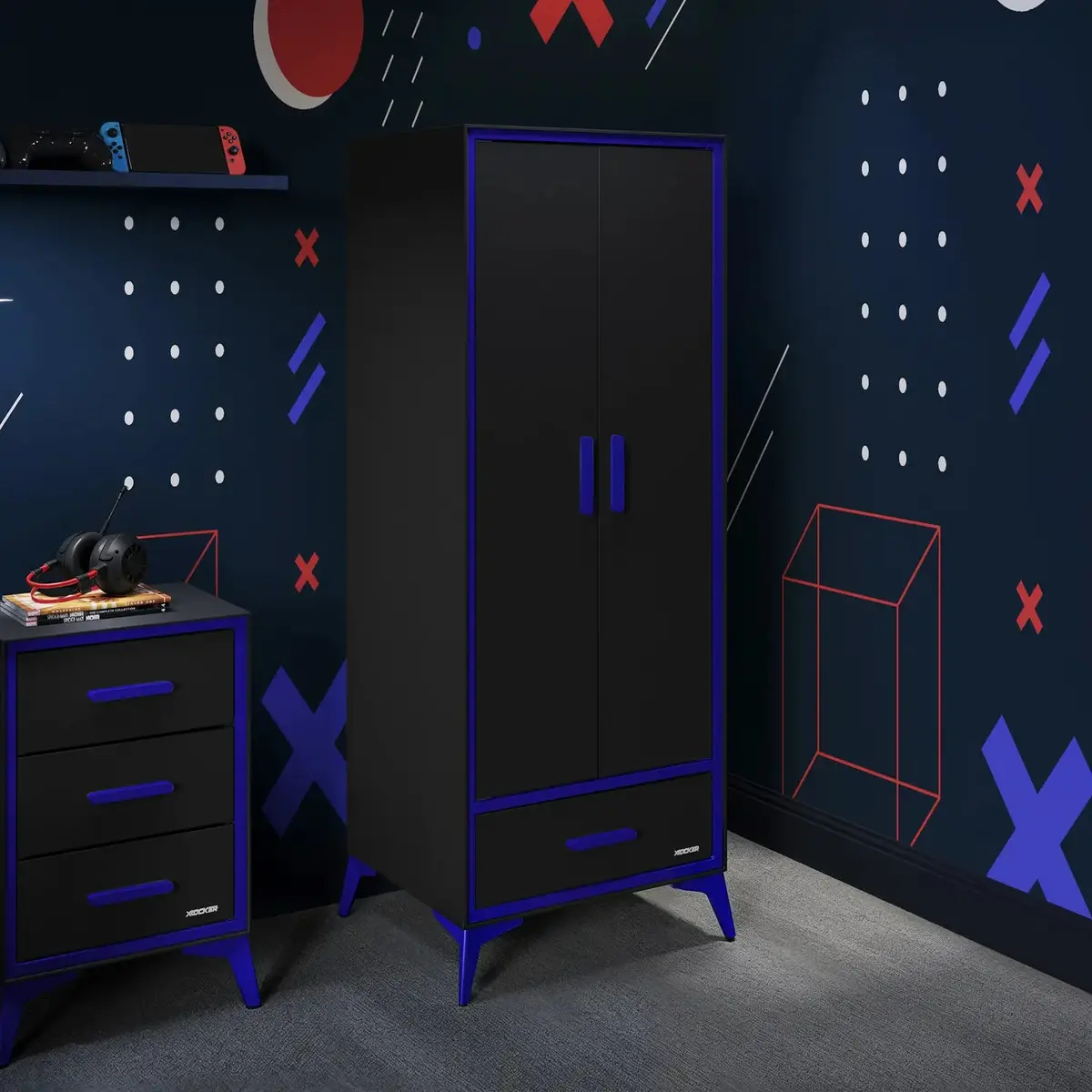 Arcane Canvas 2 Door Wardrobe With Drawer - Black / Blue 1