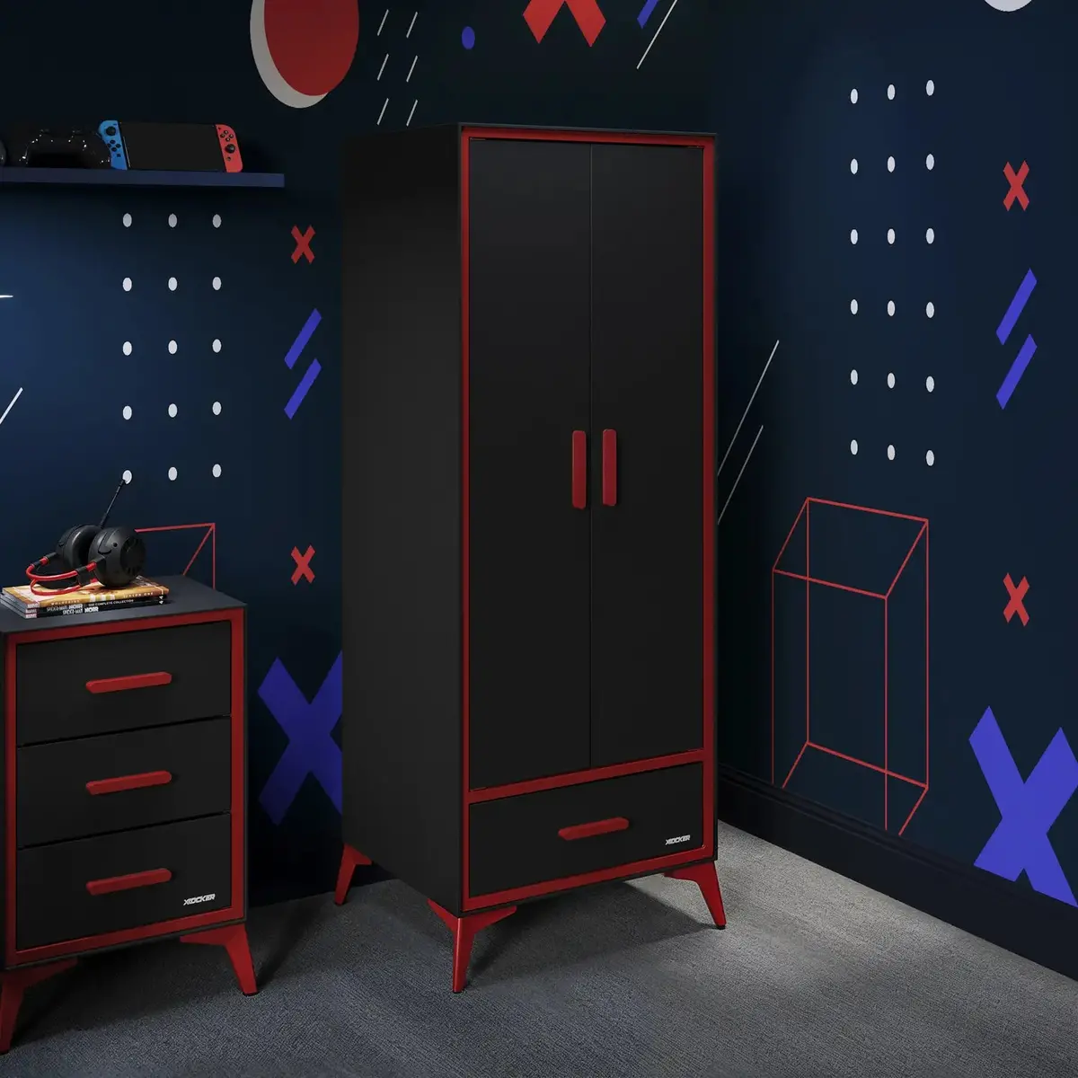 Arcane Canvas 2 Door Wardrobe With Drawer - Black / Red 1