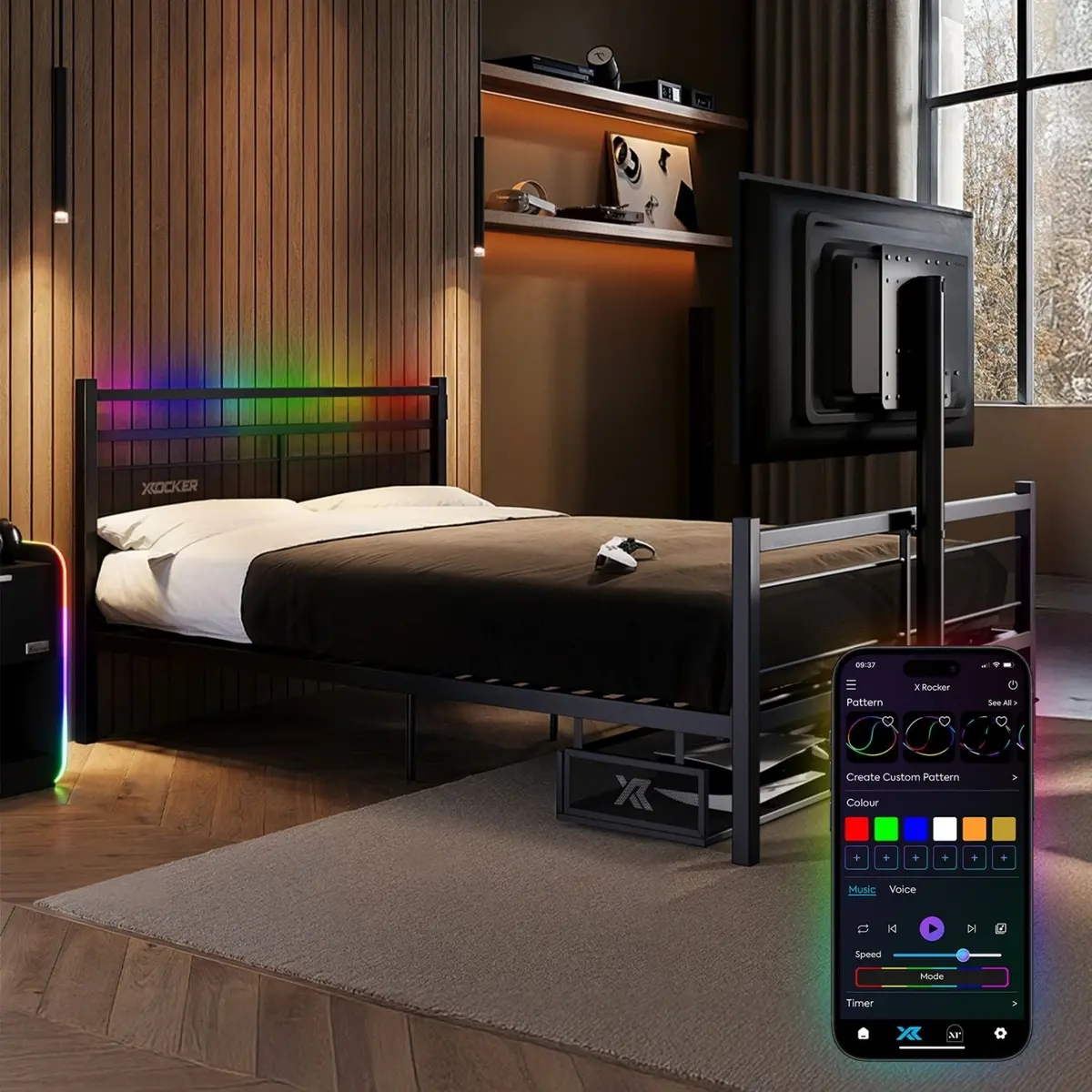 Basecamp Rgb Double Led Gaming Tv Bed - Black 1