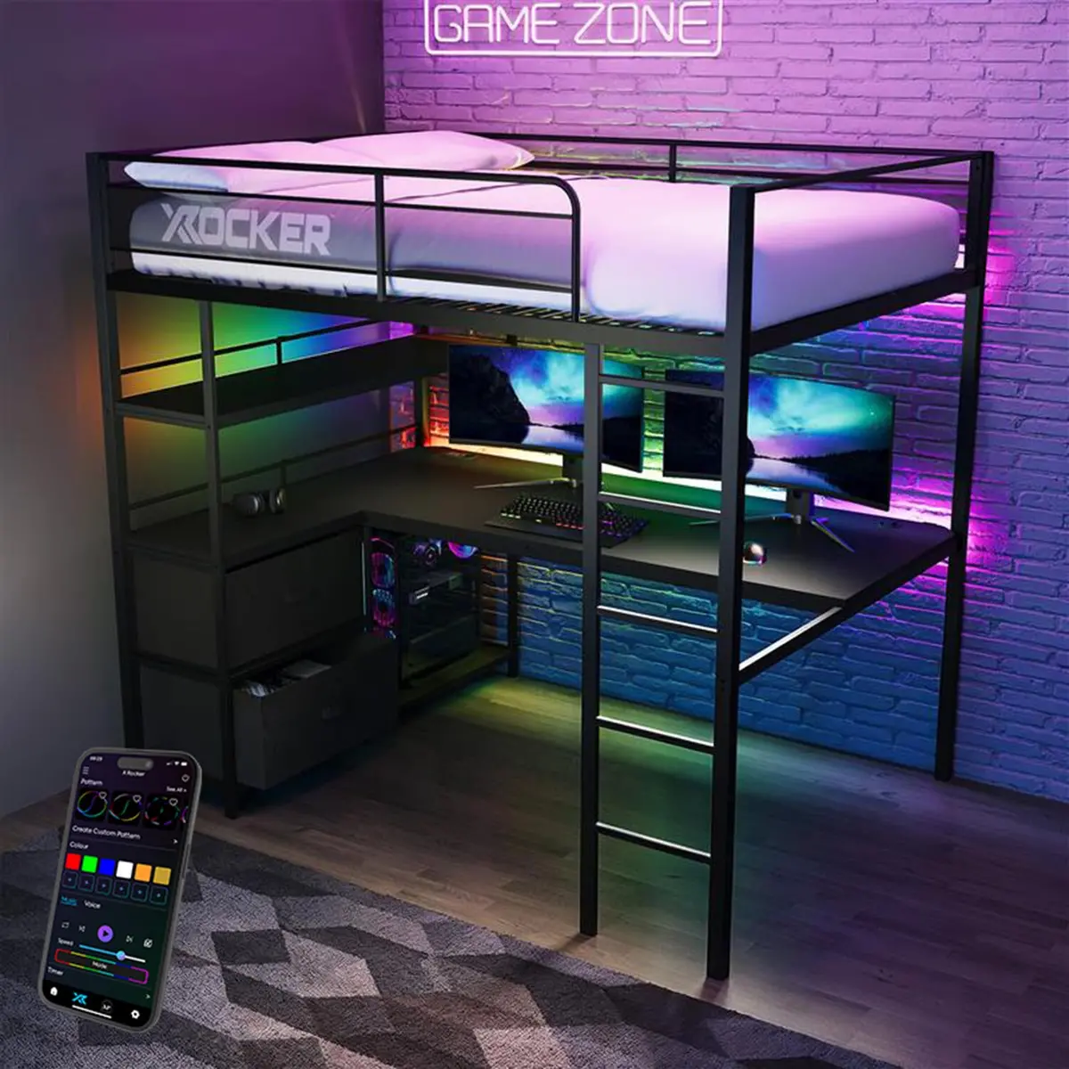 Battlebunk Xl Rgb Double High Sleeper Gaming Bunk Bed With Desk - Black 1