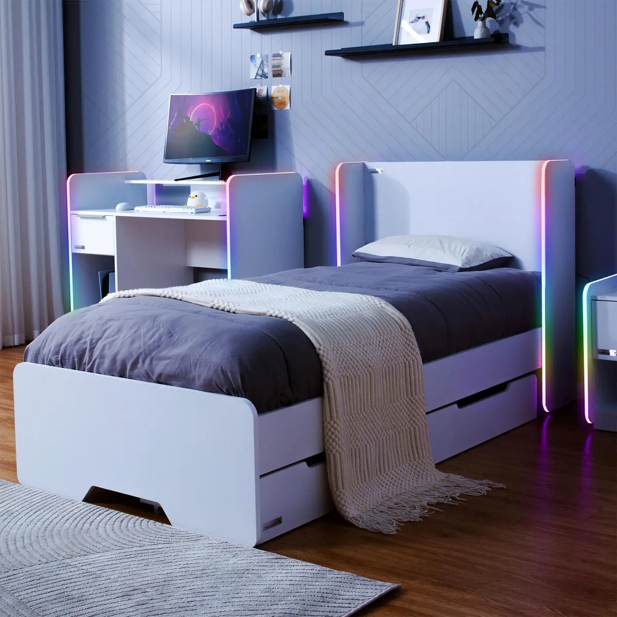 Electra Led Single Gaming Bed With Drawers - White Rgb 1
