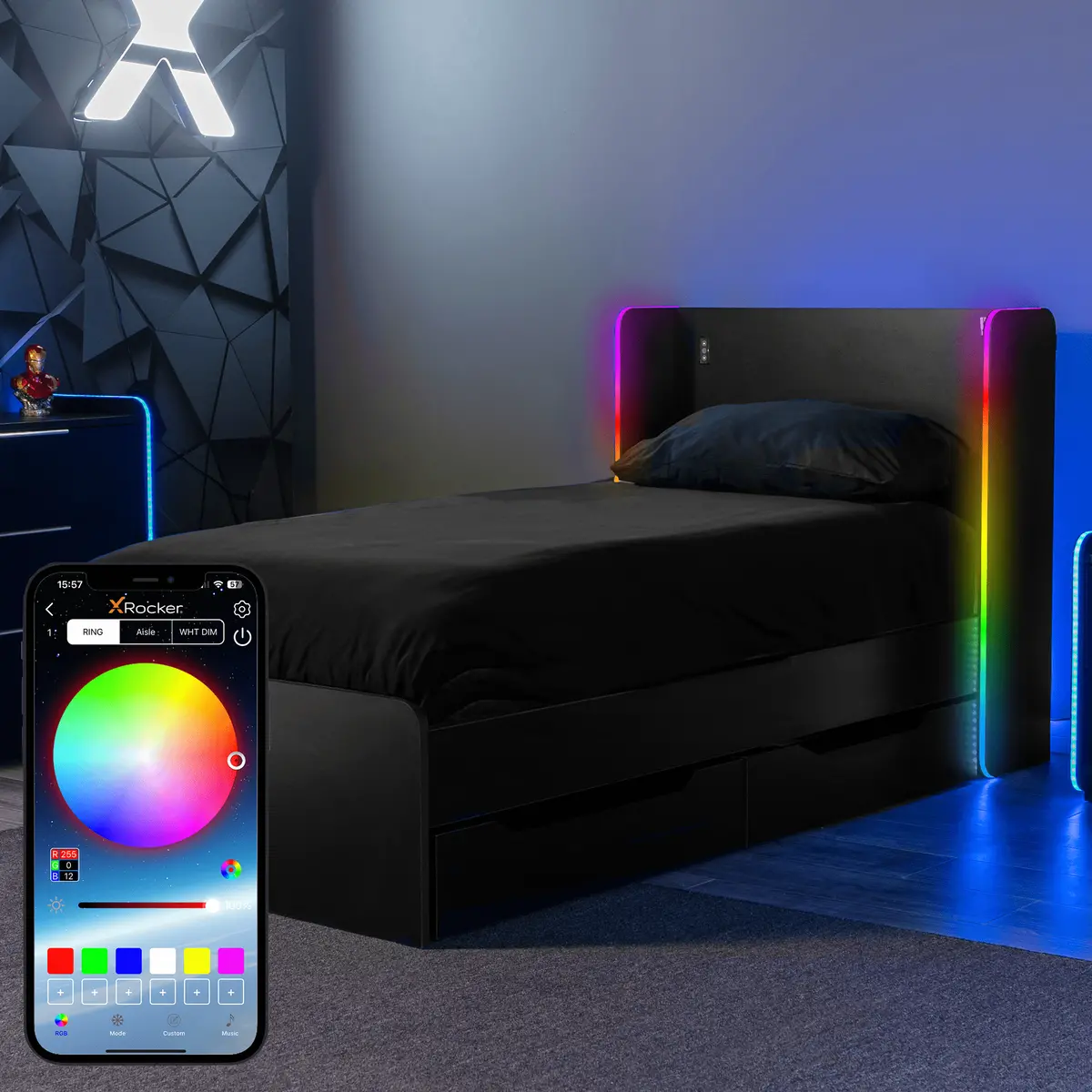 Electra Led Single Gaming Bed With Drawers - Black Rgb 1