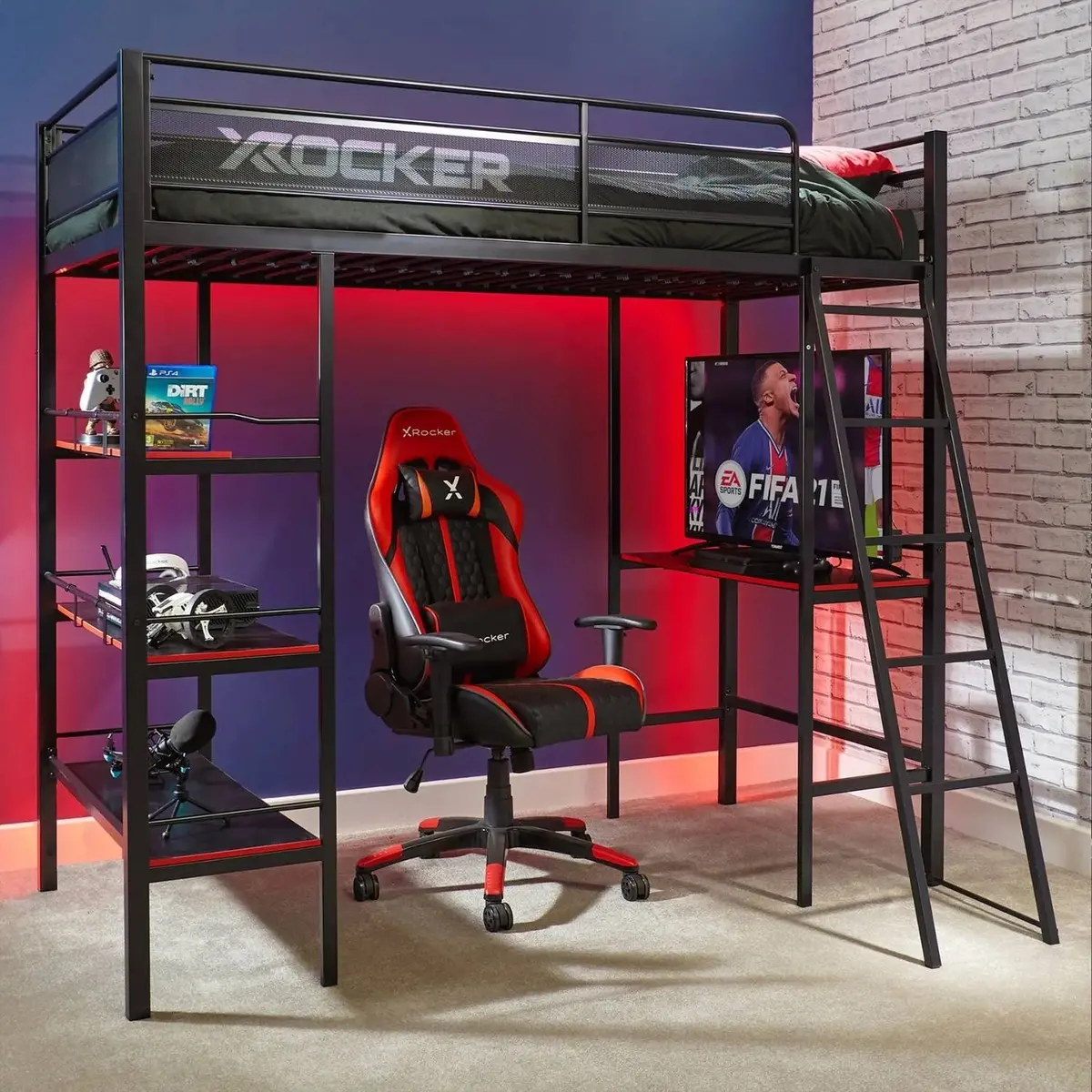 Fortress High Sleeper Gaming Bunk Bed With Shelves - Black 1