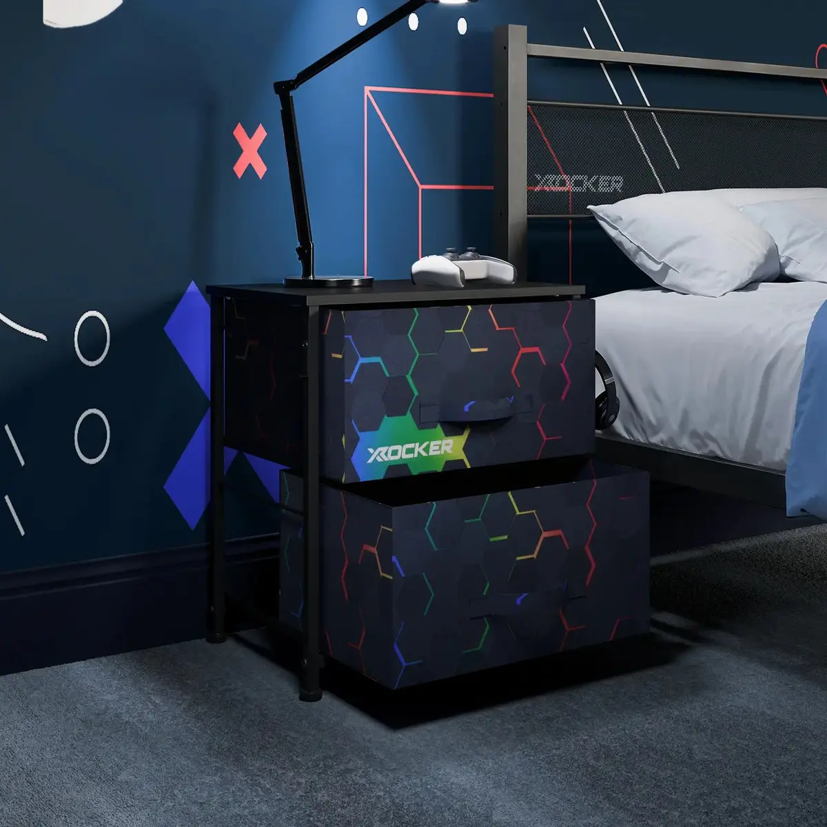 Hex Canvas Bedside Side Table With 2 Drawers - Black 1
