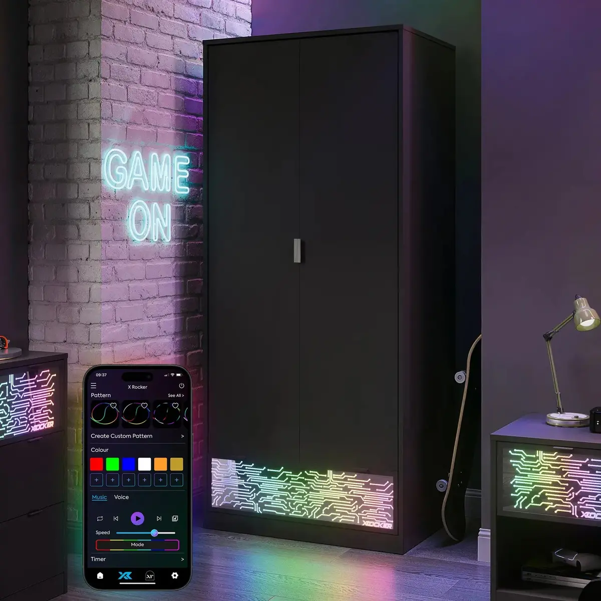 Neonite 2 Door Wardrobe With Drawer And Neo Motion Sync™ App Controlled Led Lights - Black 1
