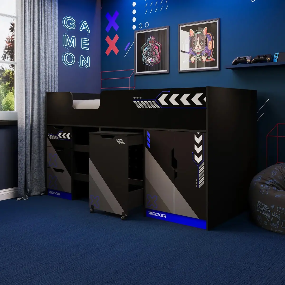 Octane Mid Sleeper Gaming Cabin Bed Storage And Pull-Out Desk - Blue 1