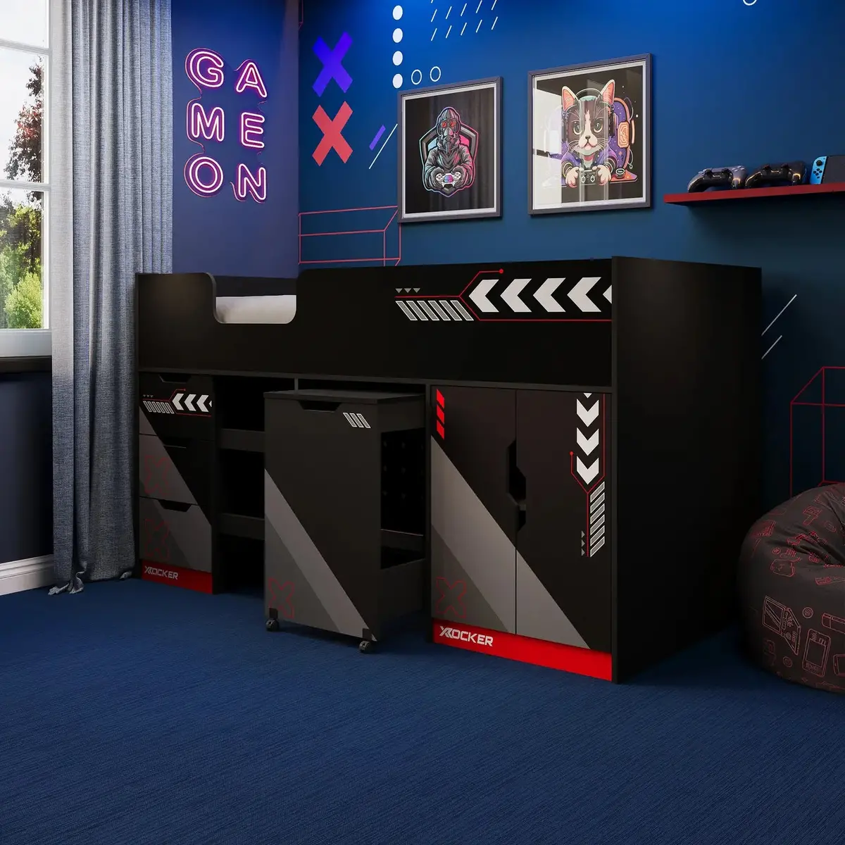 Octane Mid Sleeper Gaming Cabin Bed Storage And Pull-Out Desk - Red 1