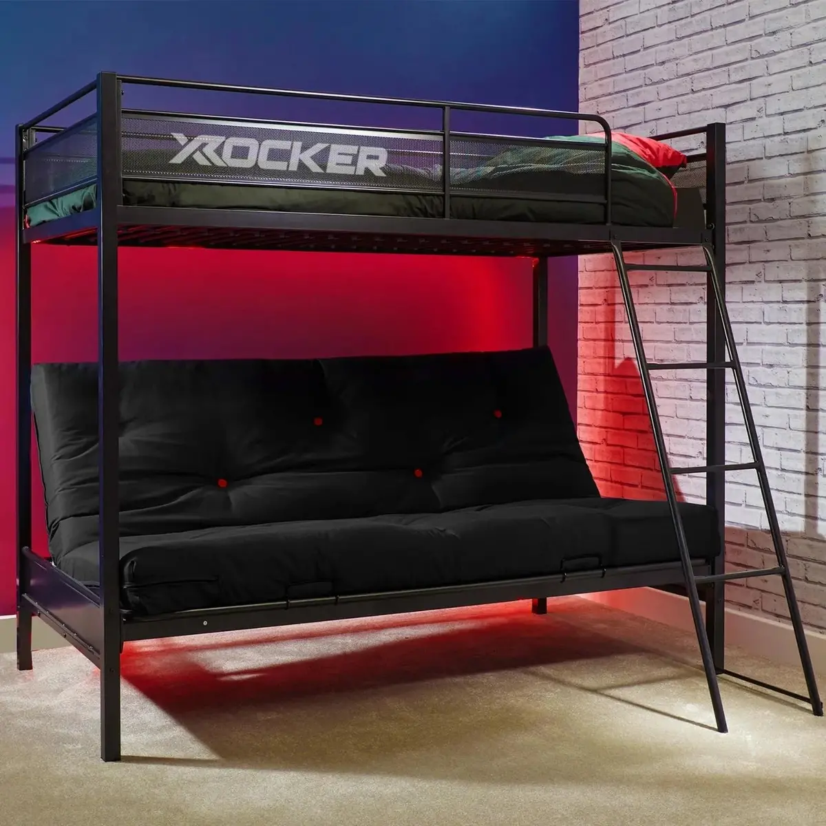 Stronghold Gaming Bunk Bed With Double Futon Cushion - Black 1