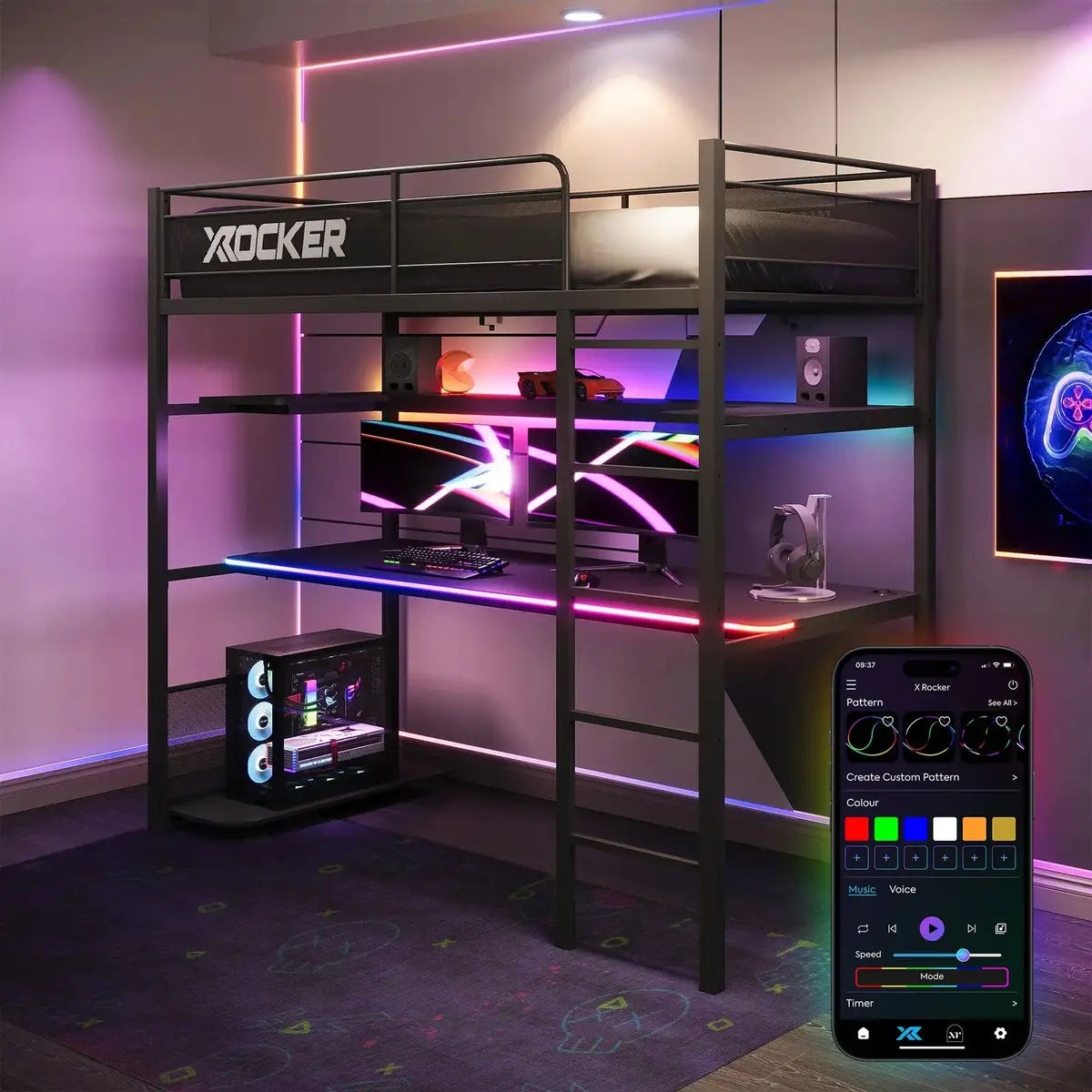 Battlebunk Rgb Led High Sleeper Gaming Bunk Bed With Desk 1
